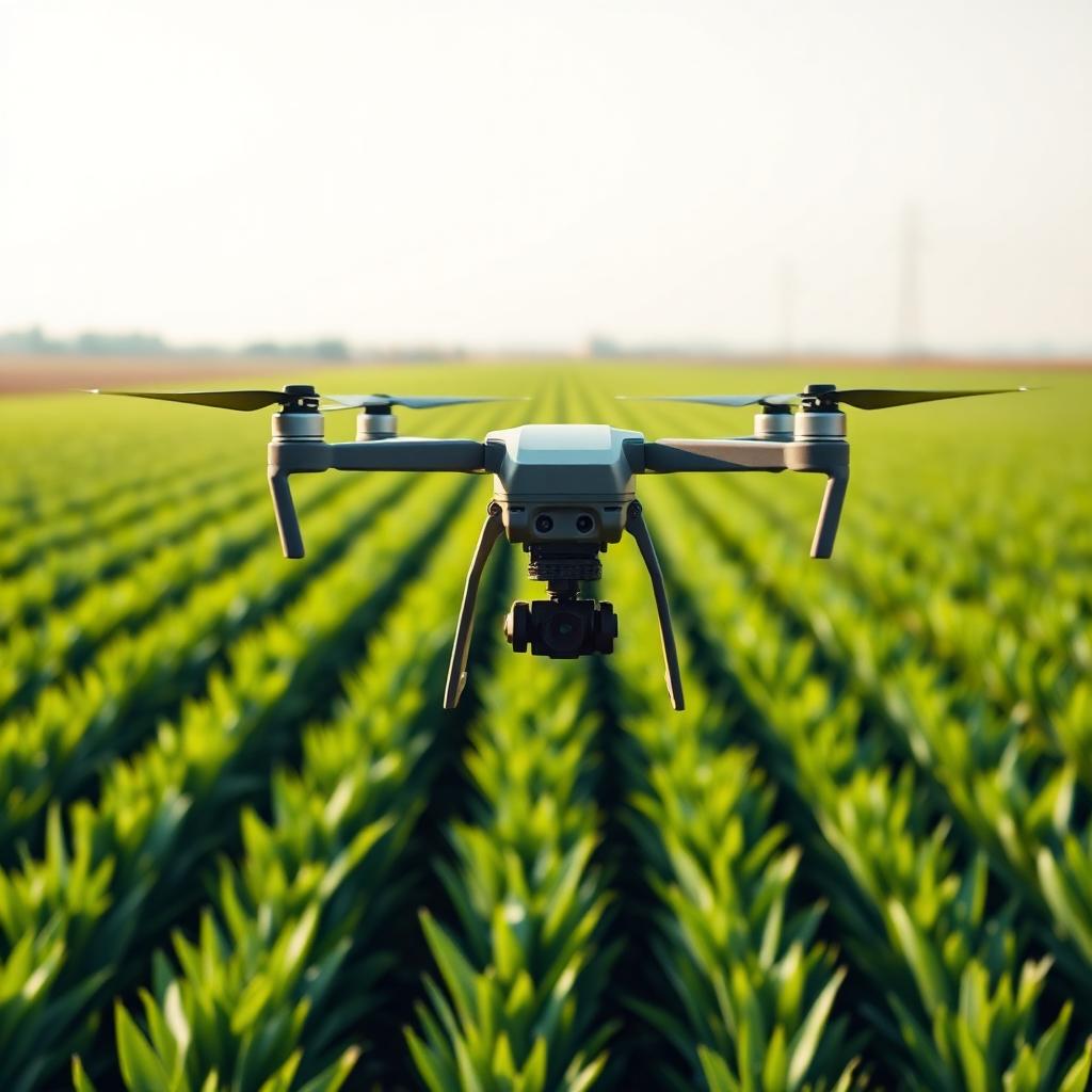 Agricultural survey drone in flight over a crop field