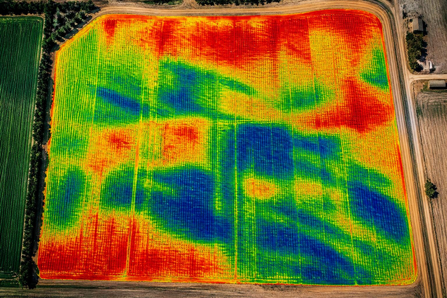 Drone thermal heat map of agricultural field showing crop health variation