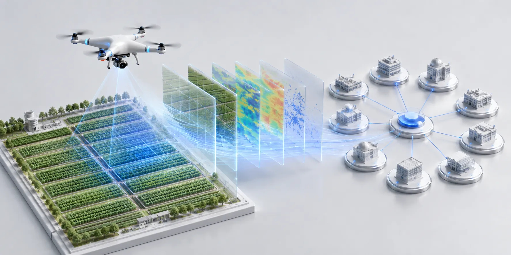 Conceptual model of a drone flight becoming imagery, analysis and shared outputs across a university network