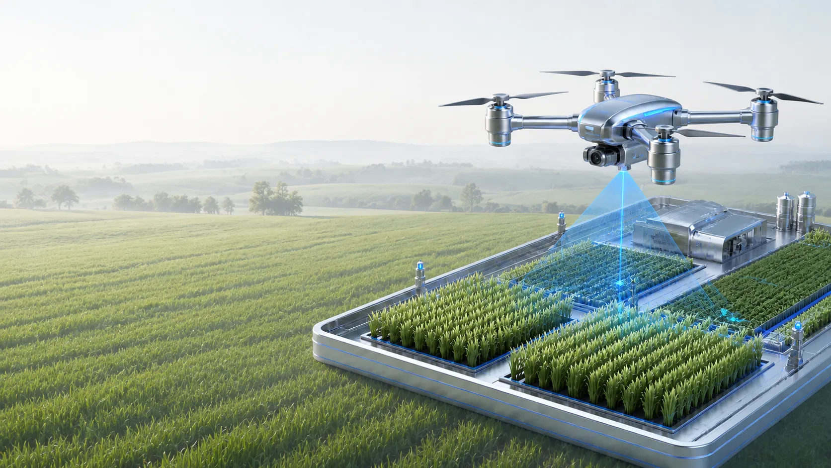 Conceptual agricultural drone above research plots