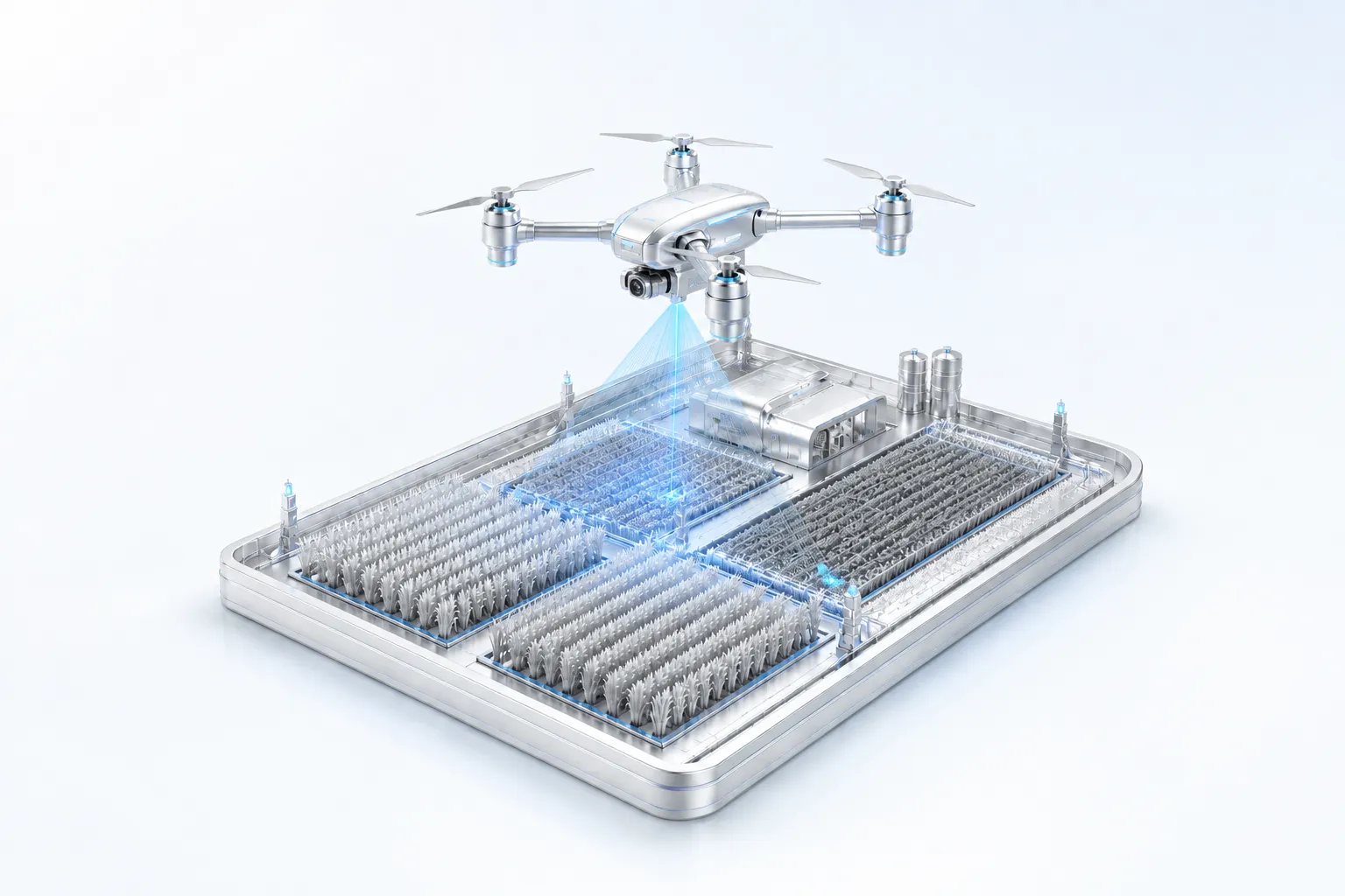 Concept illustration of a fully framed agricultural drone scanning a crop-field platform