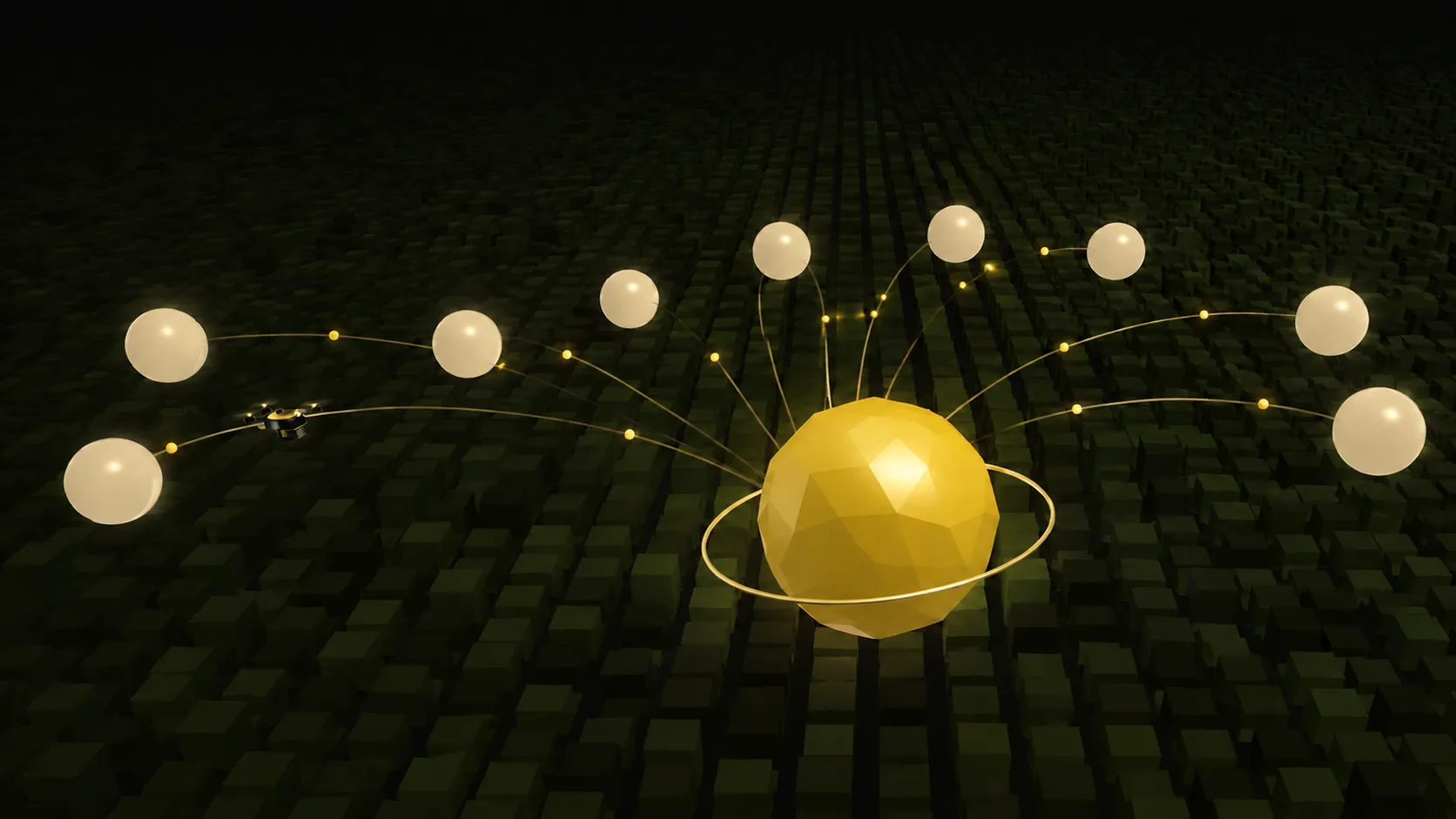 Metallic agricultural drone flying through a connected field-intelligence network above a geometric crop field
