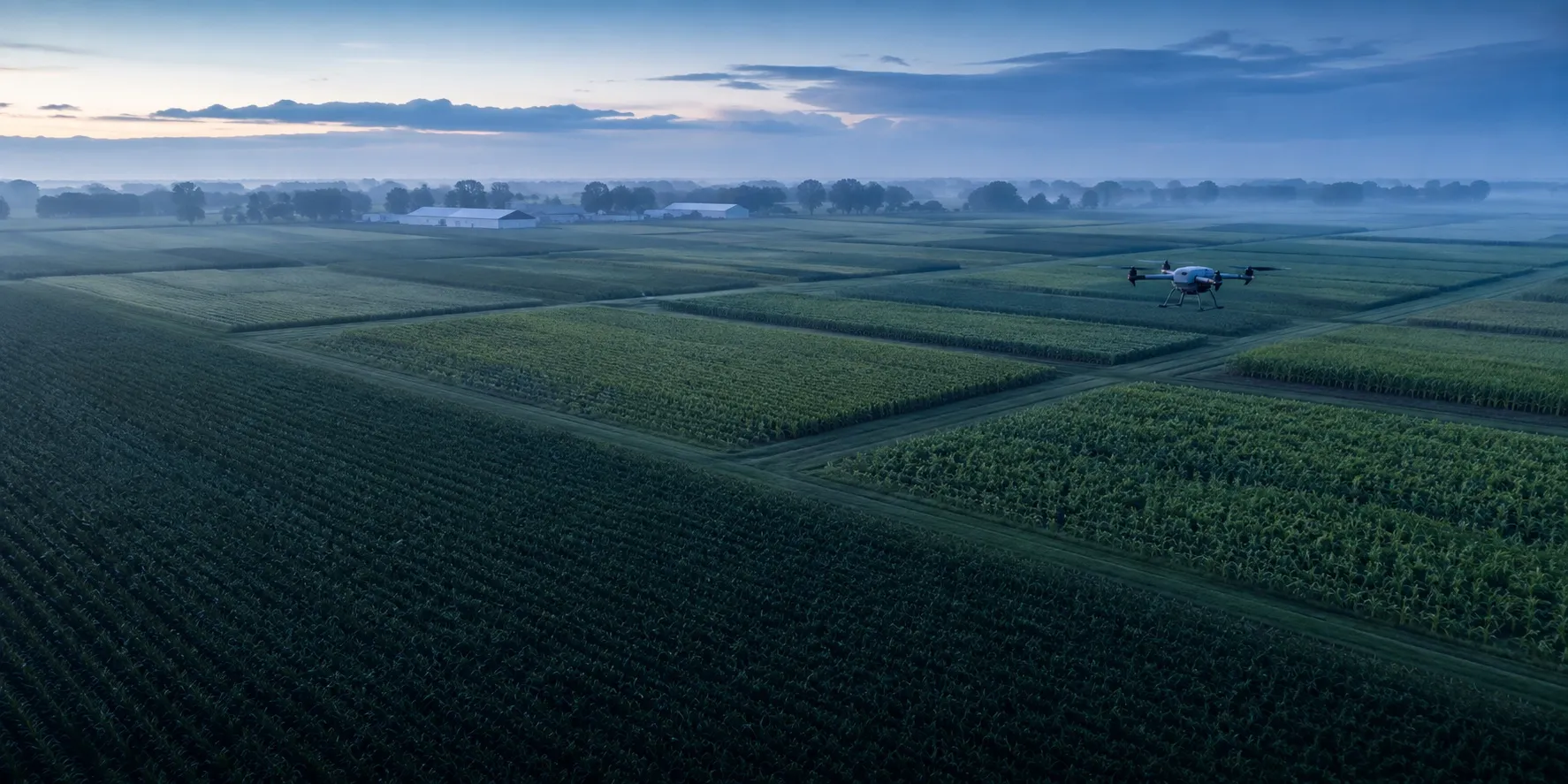 Conceptual aerial landscape of soybean research plots with a survey drone at blue dawn